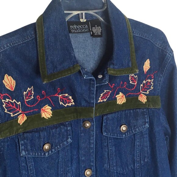 Rebecca Malone Denim Jacket Womens Small Blue Embroidered Leaves Velvet Trim - Picture 2 of 14